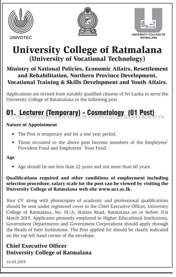 Lecturer (Temporary) - University College of Ratmalana